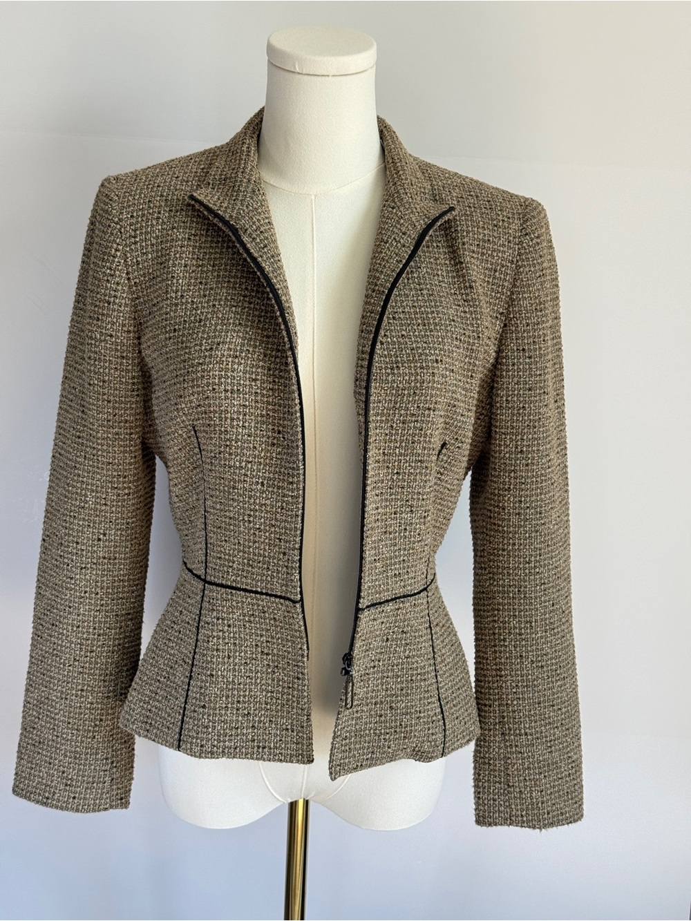 Kasper Taupe Tweed Zip-Front Blazer with Black Trim